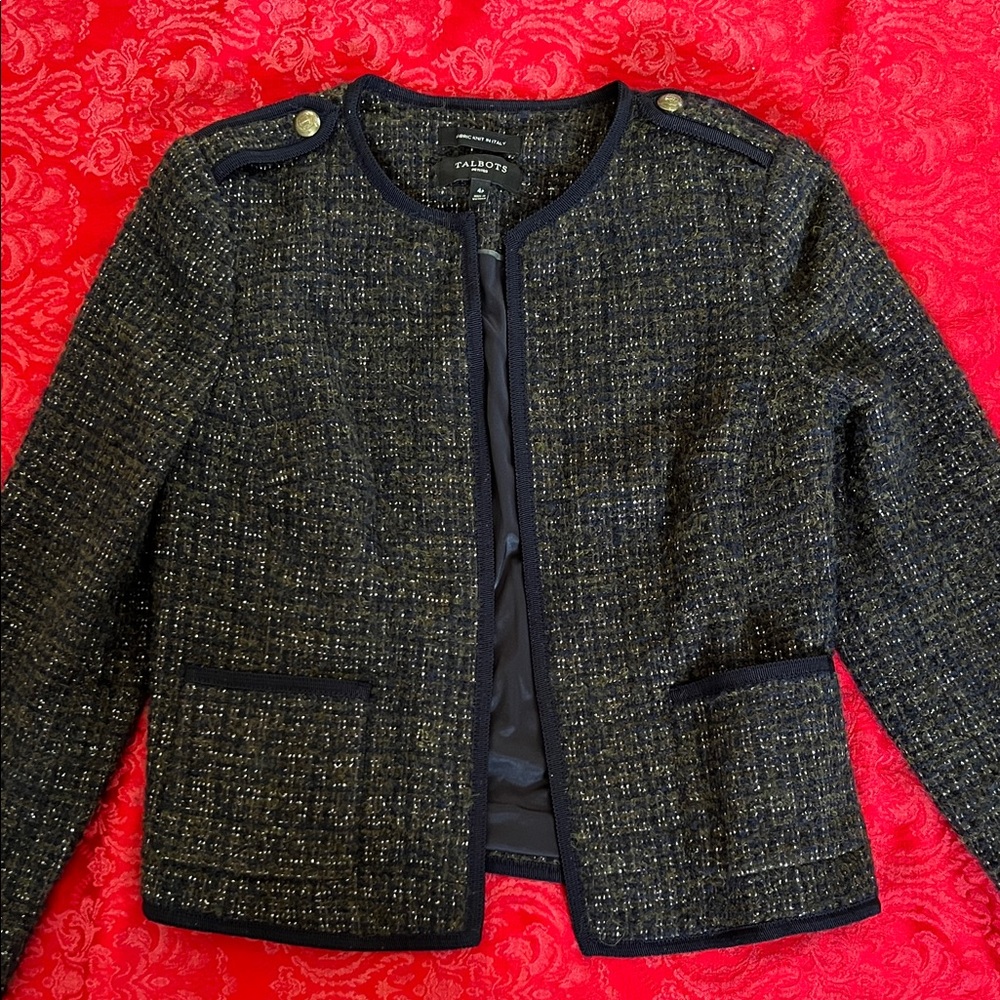 Talbots Tweed Blazer Navy Metallic Women’s 4 Petite Ribbon Trim 36” Chest